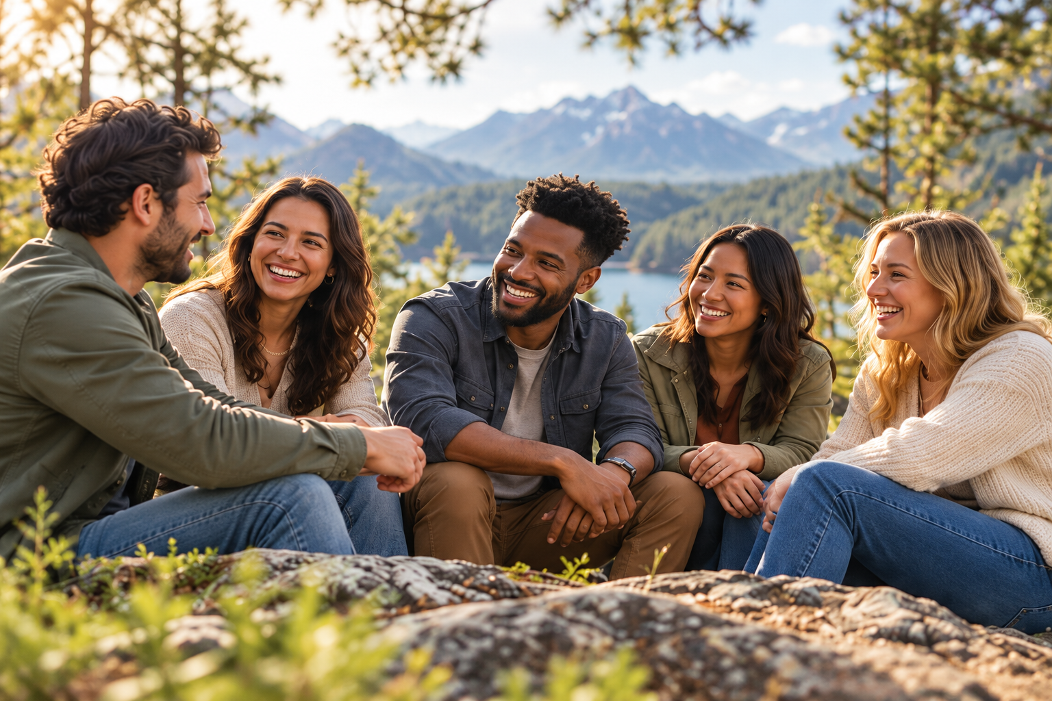 Friends enjoying a peaceful conversation beside a mountain lake